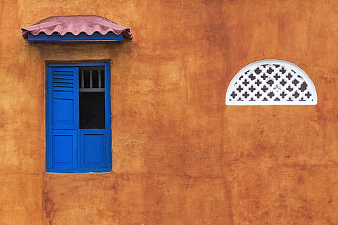 brown painted wall with blue window, building, colonial, shutters HD wallpaper