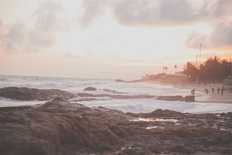 ocean, beach, nature, sunset, sand, shore, waves, sea, rocks HD wallpaper