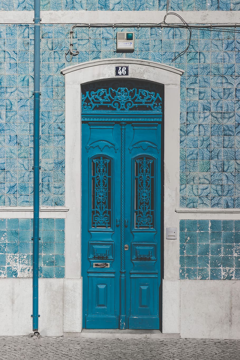 blue wooden door closed with 46 sign, blue door, antique, old HD wallpaper