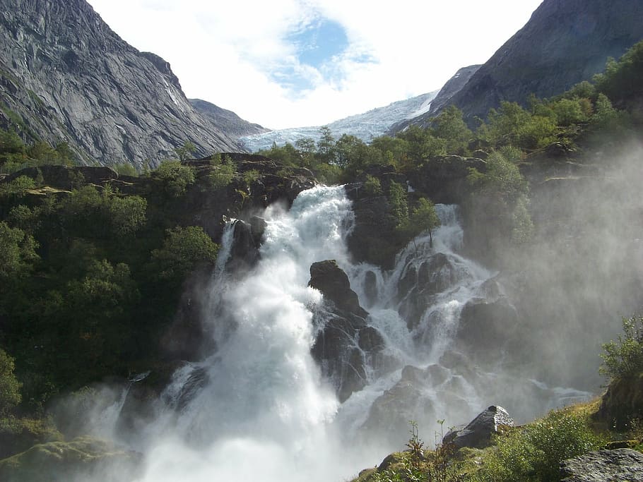 glacier, waterfall, norway, nature, mountain, river, scenics HD wallpaper