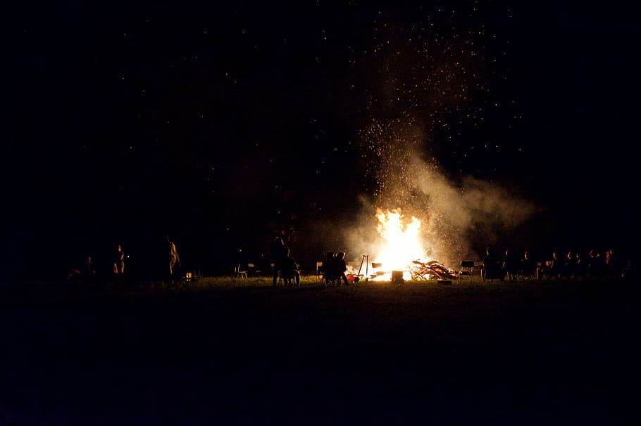 group of people standing near bonfire, camping, campfire, night HD wallpaper