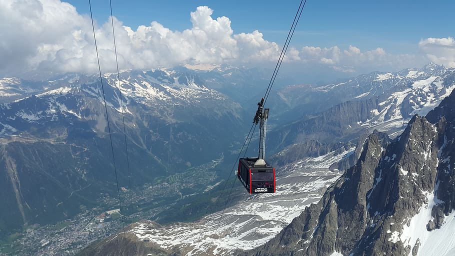 black and red cable car, Chamonix, Aiguille Du Midi, gondola, HD wallpaper