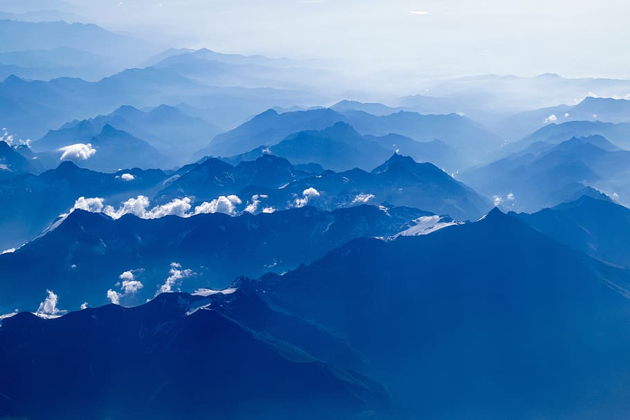 aerial photography of mountain under clear blue sky, aerial view of mountains and white clouds HD wallpaper