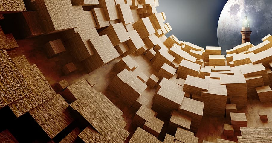 illustration of moon and blocks, cube, wood, tube, objects HD wallpaper