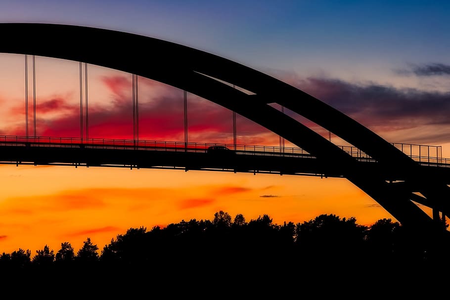 Bridge, Sunset, Dusk, Clouds, sky, silhouette, nature, outdoors HD wallpaper