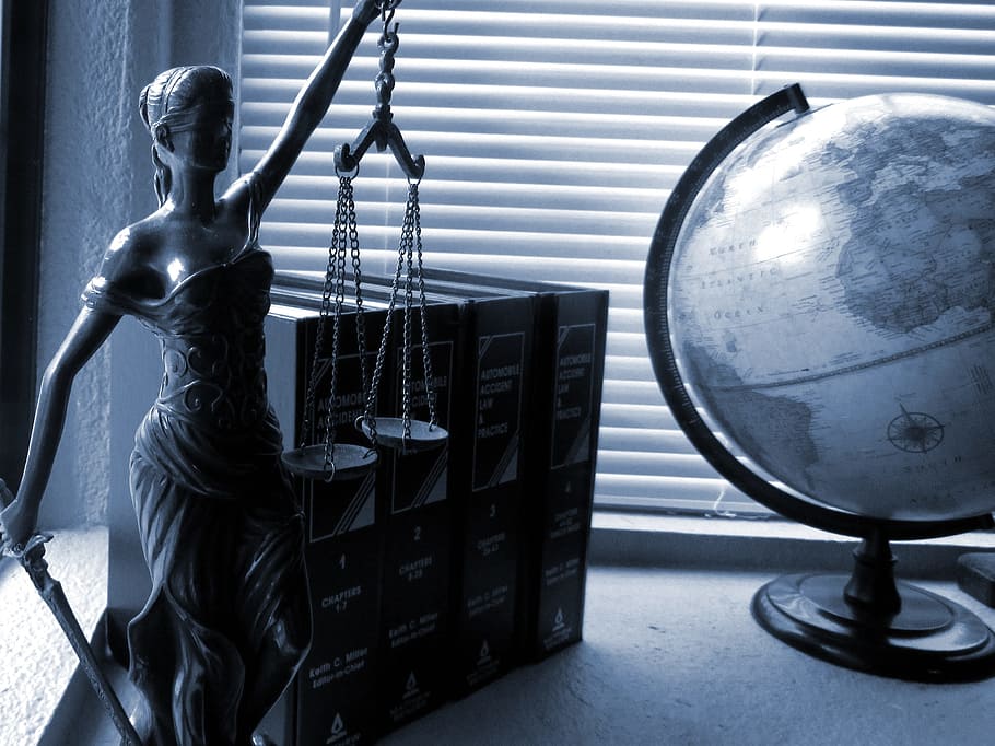 greyscale photo of a desk globe and four book series, lady justice, HD wallpaper