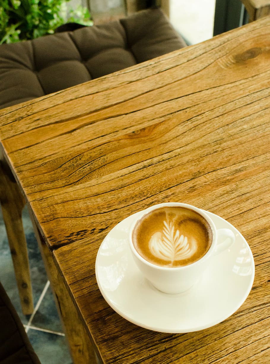white ceramic teacup with lathe on brown wooden table, cafe HD wallpaper