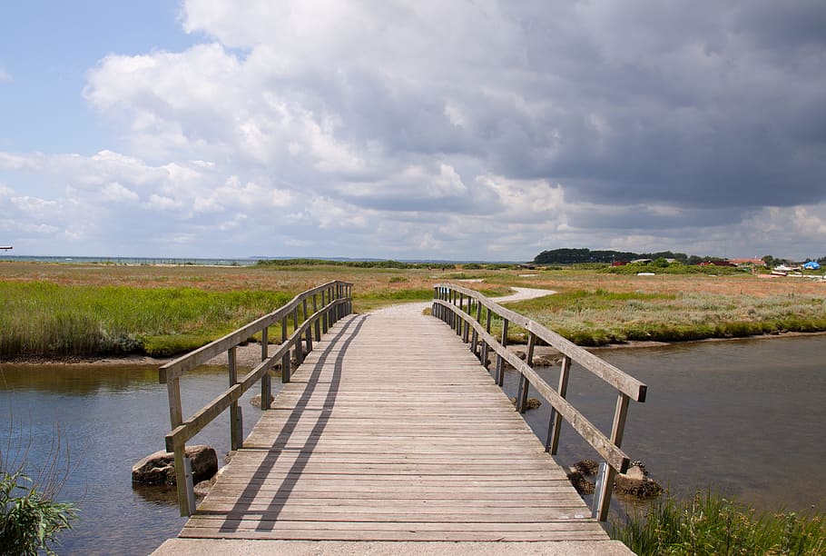 Bridge, Stream, Clouds, Water, fence, denmark, nature, river HD wallpaper