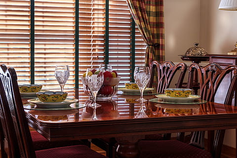 rectangular brown wooden dining table, dinner table, chairs HD wallpaper
