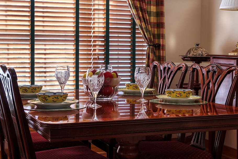 rectangular brown wooden dining table, dinner table, chairs HD wallpaper