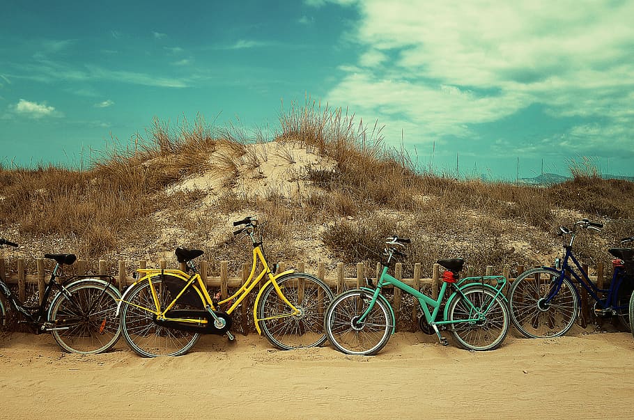 four assorted-color bikes parked beside wooden fence near brown grass HD wallpaper