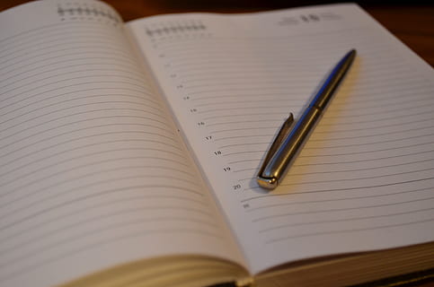 gray stainless steel click pen on white notebook, diary, work HD wallpaper