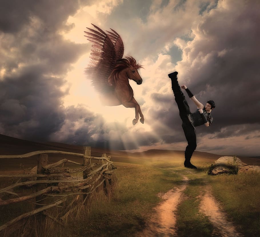 fantasy, clouds, horse, sky, martial arts, man, nature, landscape HD wallpaper