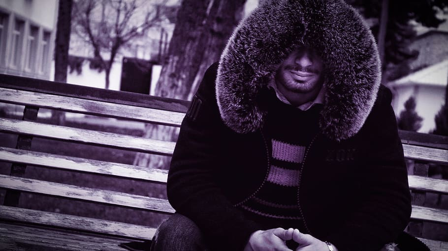 man, guy, alone, people, jacket, bench, chair, winter, cold HD wallpaper