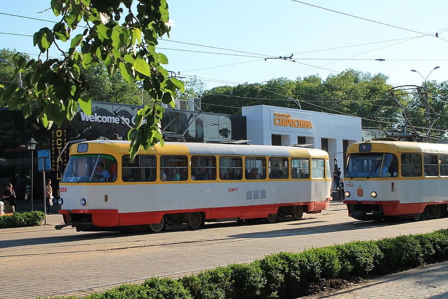 tram, trams, ukraine, odessa, starosennaya square, trees, spring