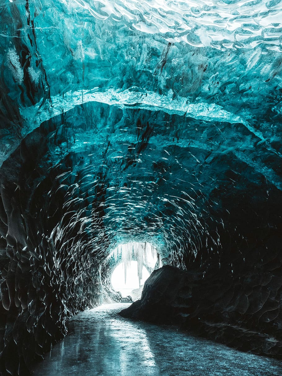 ice tunnel with narrow pathway, cave surrounded body of water, HD wallpaper