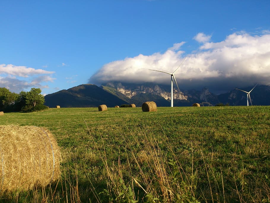 Landscape, Mill, Mountains, wind power, wind turbine, farm HD wallpaper