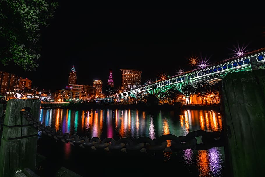 Reflection of Illuminated Buildings in Water at Night, architecture HD wallpaper