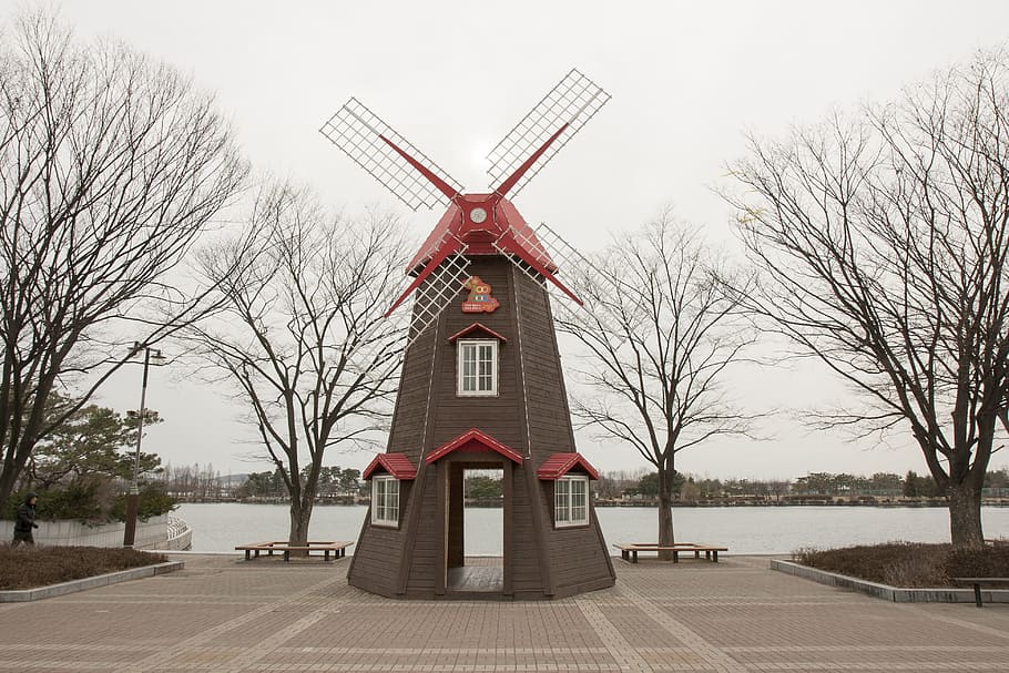 lake park, windmill, a small library, ilsan, tree, renewable energy HD wallpaper