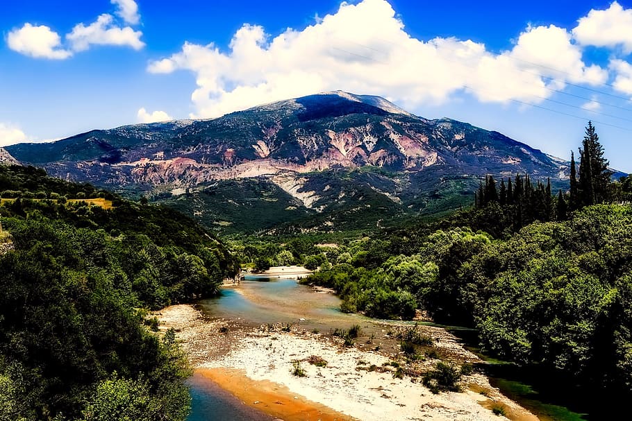 greece, mountains, river, stream, forest, trees, woods, landscape HD wallpaper