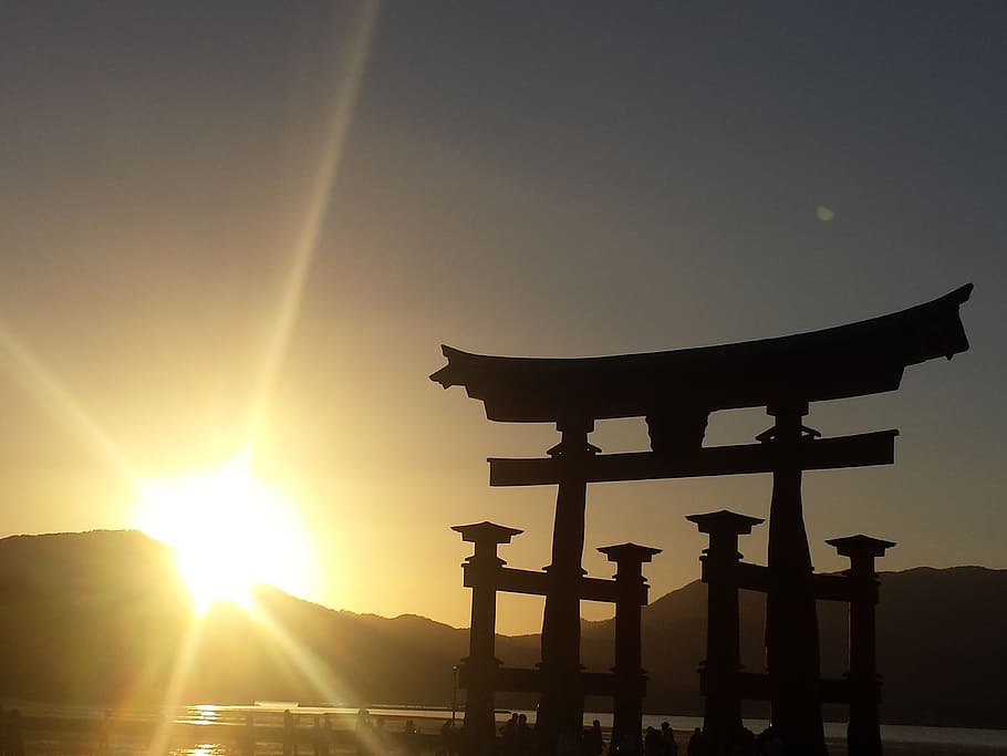 Japan, Island, Sunset, Tori, miyojima, gate, hiroshima, shinto, HD wallpaper