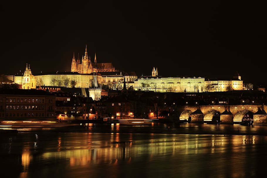city lights during nighttime, prague, castle, architecture HD wallpaper