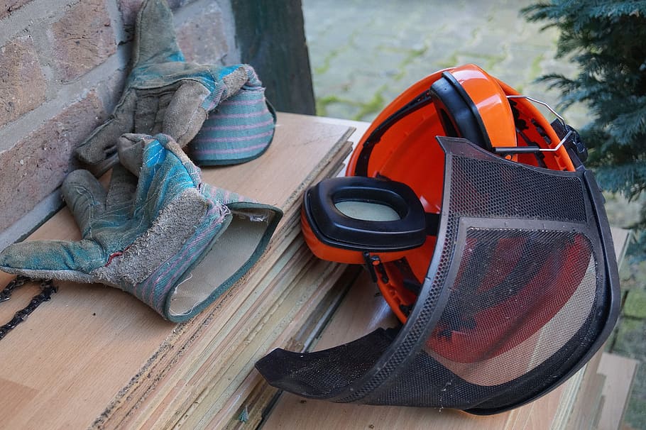 orange and black helmet, gloves, headphones, tool, saw, work HD wallpaper