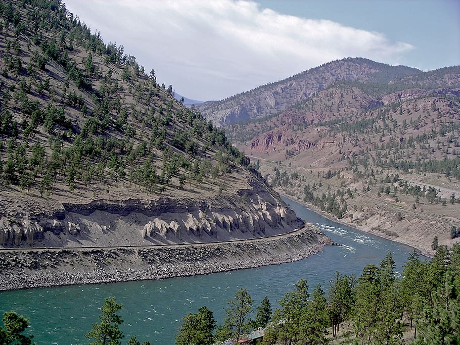rocky mountain, river, railway, nature, landscape, water, beauty in nature HD wallpaper