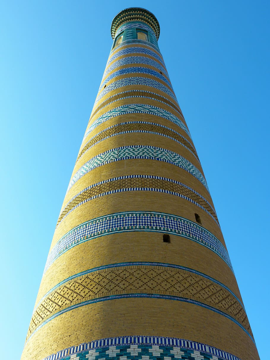 low-angle of brown and gray concrete tower, khiva, chodja islam minaret, HD wallpaper