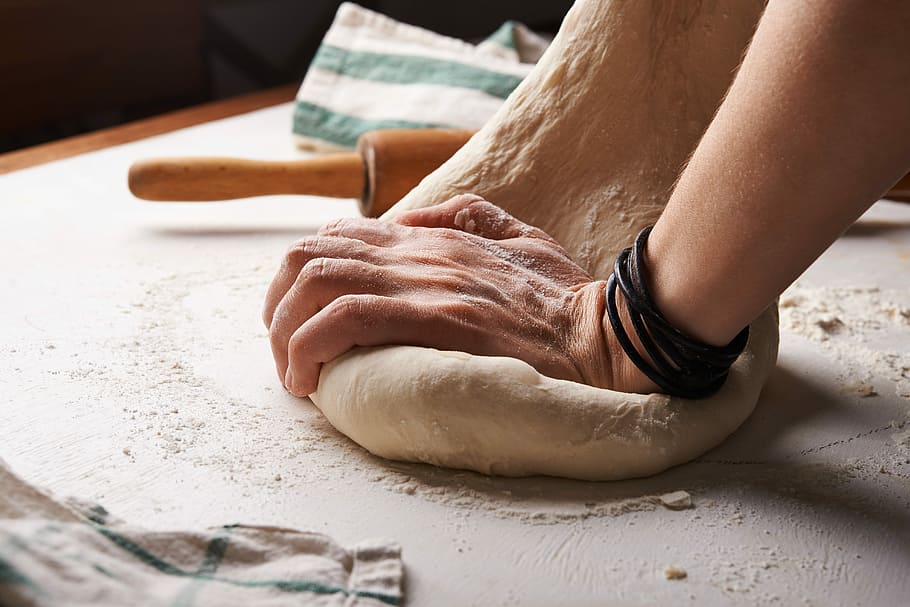 dough and hands, person kneading dough, bread, baking, human body part