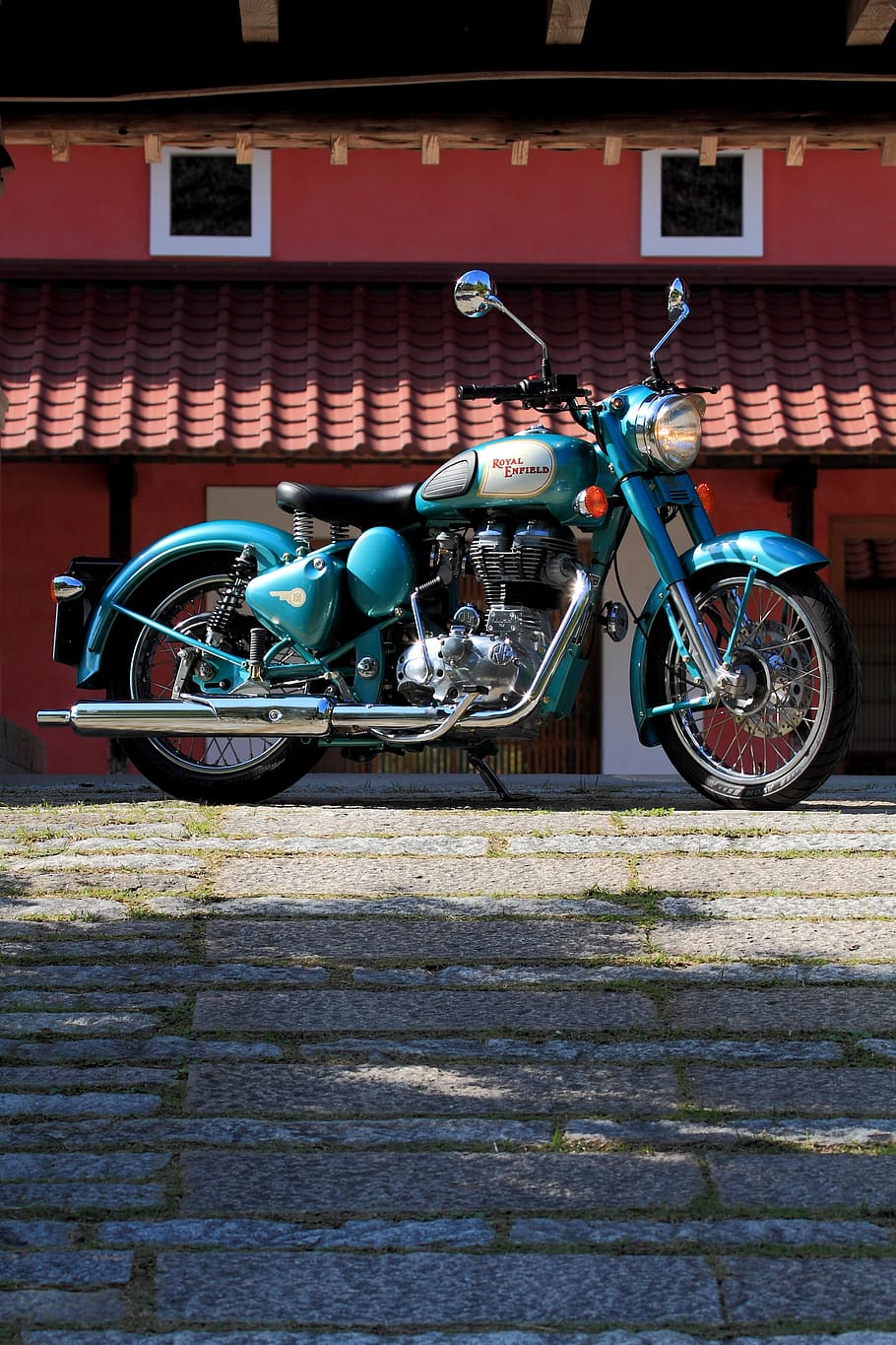 parked blue and black cruiser motorcycle, bike, vehicle, retro