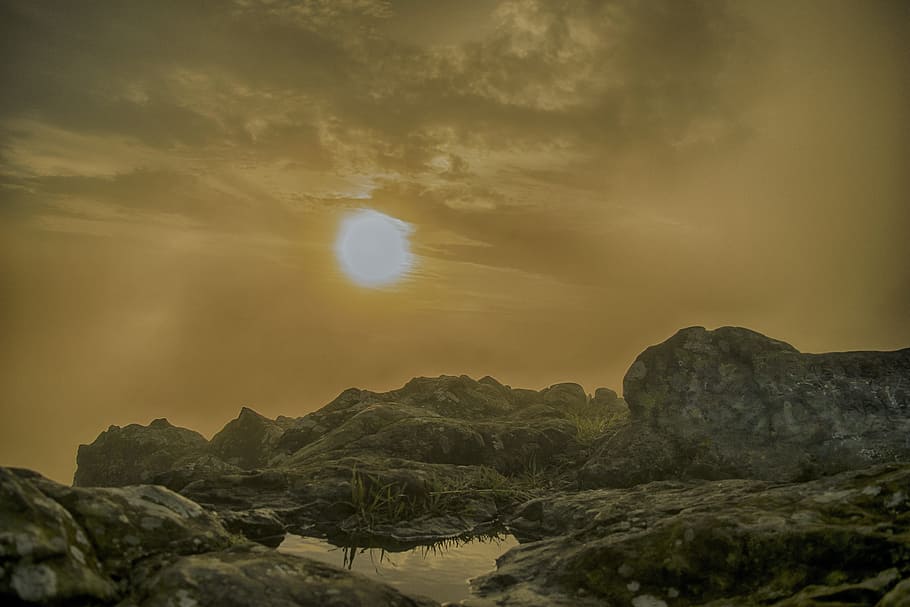 mountain, sunset, horizon, landscape, sky, clouds, nature, rays HD wallpaper
