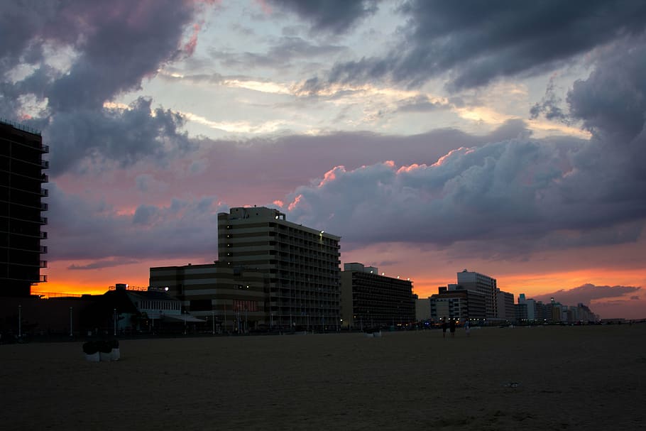 beach, hotel, clouds, sky, sunset, architecture, cloud - sky HD wallpaper
