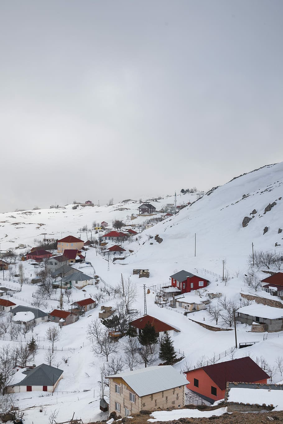 aerial photography of snow covered village, photograph of village during winter HD wallpaper