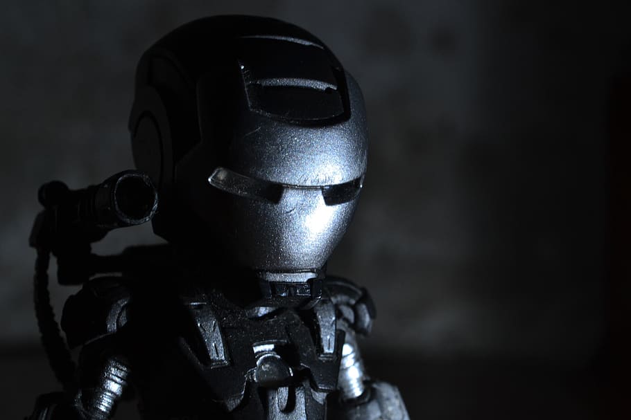 iron man miniature scale model, superhero, black suit, battle suit