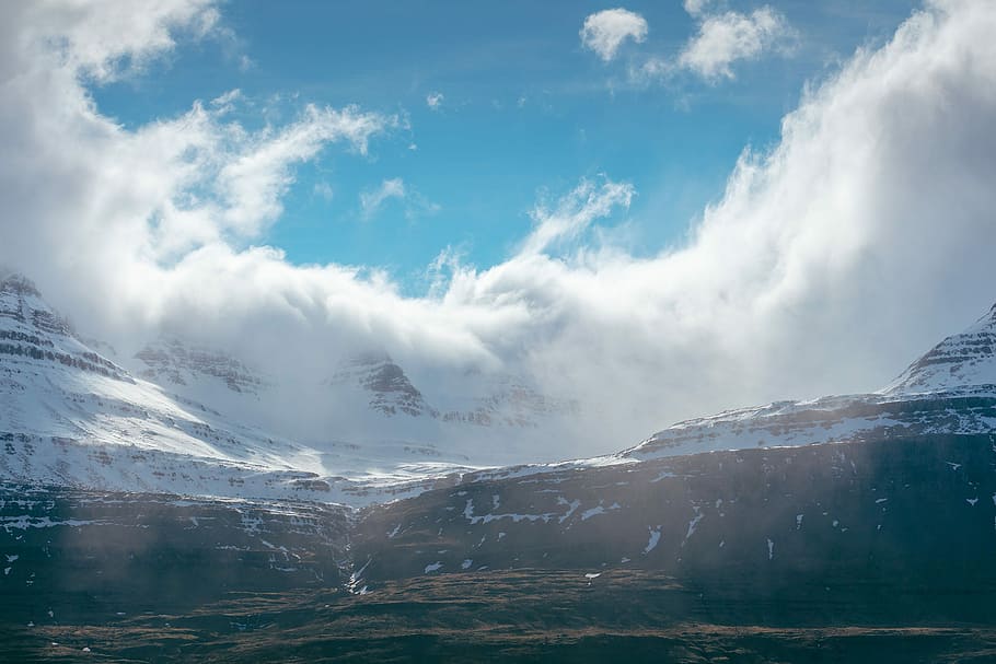 snow covered mountain under cloudy sky, photo of clouds, blue HD wallpaper