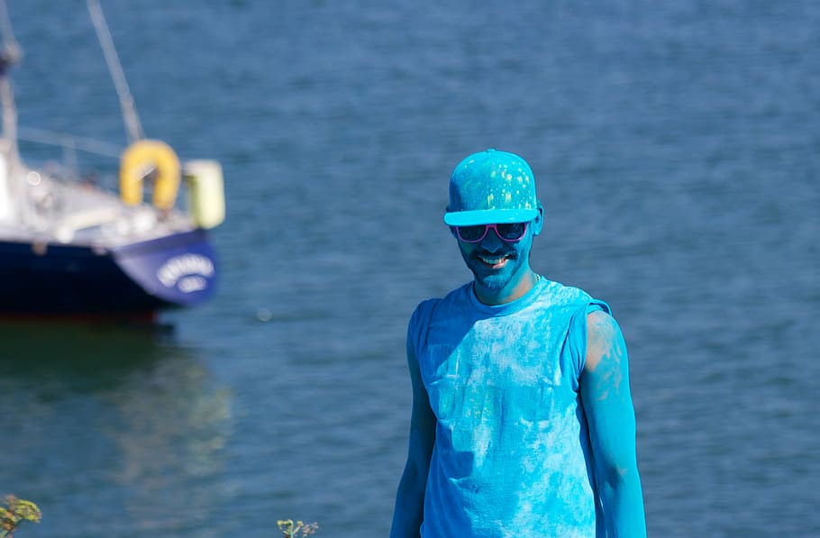 man covered with blue paint standing near sea, wearing, shirt HD wallpaper
