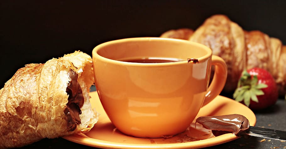 orange ceramic cup and saucer and bread, coffee, croissant, coffee cup, HD wallpaper