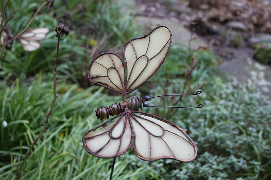 nature, insect, butterfly, close, gartendeko, plant, focus on foreground HD wallpaper