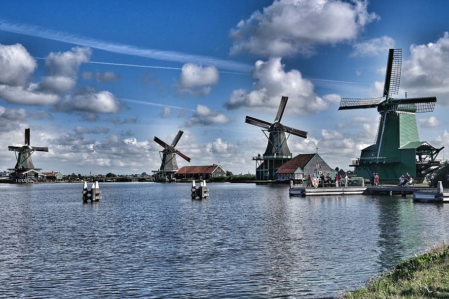 architecture, clouds, dock, energy, lake, landscape, outdoors HD wallpaper