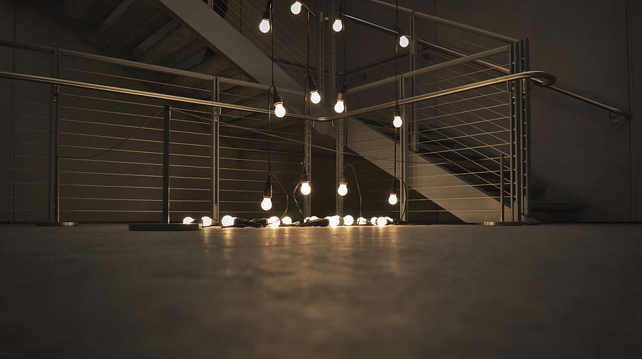 turned on string lights, hanging bulbs, modern, window, floor HD wallpaper
