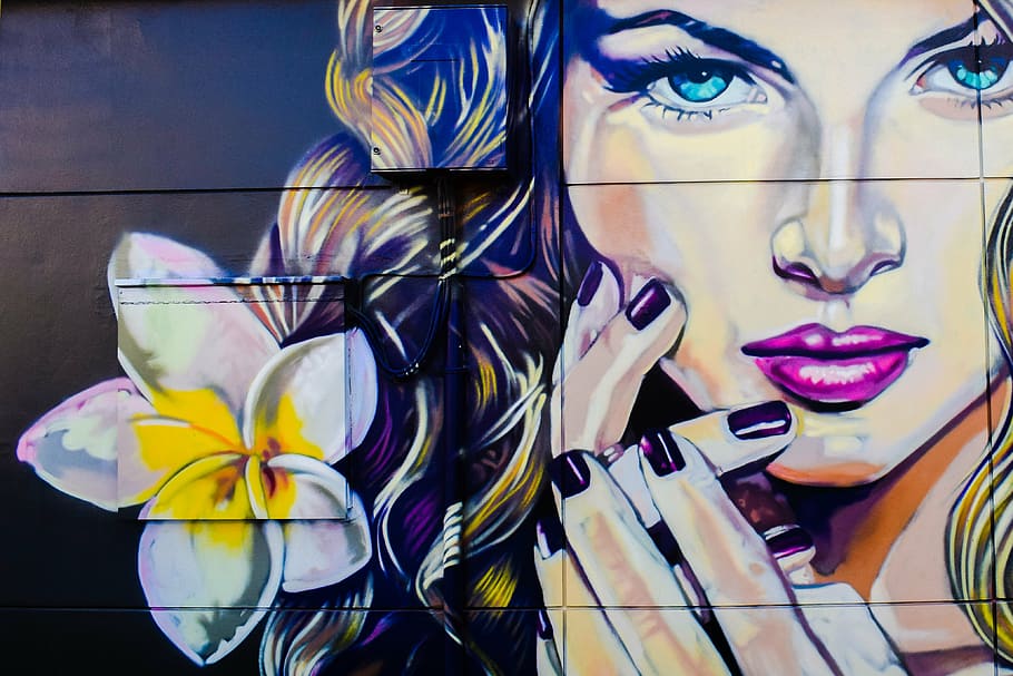 woman and plumeria flower painting, femme fatale, graffiti, wall
