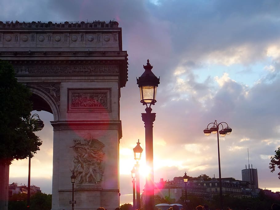 Arc de Triomphe, sunset, paris, sky, architecture, cloud - sky HD wallpaper