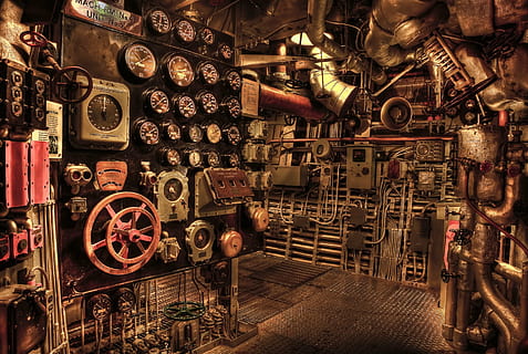 assorted metal gear lot painting, battleship, engine room, historic HD wallpaper
