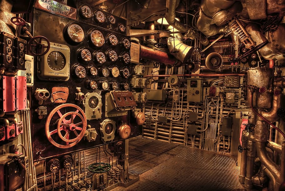 assorted metal gear lot painting, battleship, engine room, historic HD wallpaper