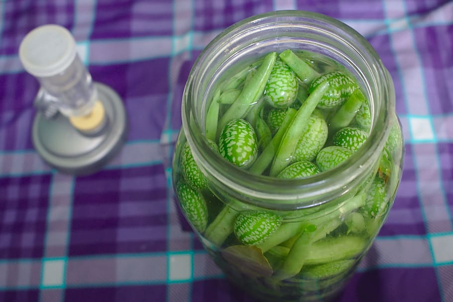 green vegetables in clear glass jar, lacto-fermentation, pickling, HD wallpaper