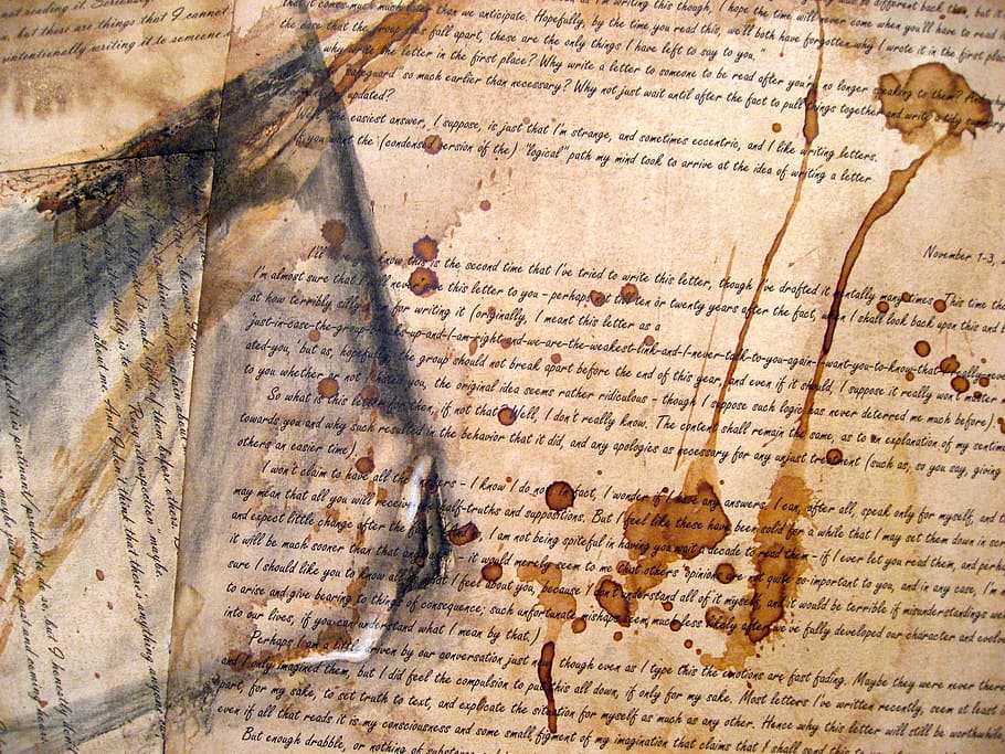 brown printing paper with text, coffee, stain, texture, textured paper