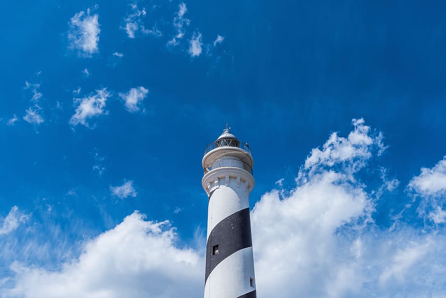 still, lighthouse, swirls, structure, sky, clouds, built structure HD wallpaper