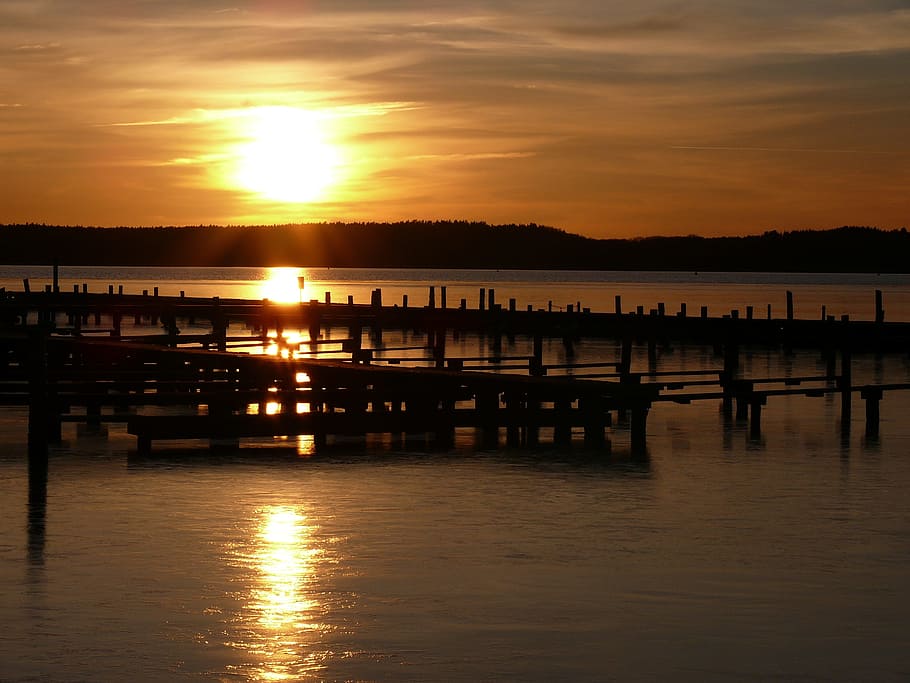 lake, web, neustrelitz, sunset, water, sky, reflection, orange color HD wallpaper