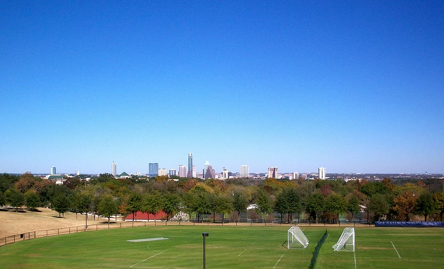 green game field under clear blue sky, soccer field, austin, texas, HD wallpaper